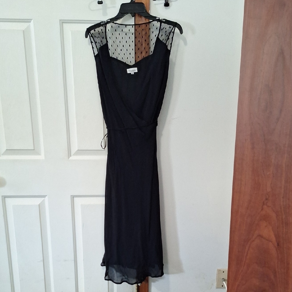 Chic Black Midi Dress with Sheer Polka Dot Detail